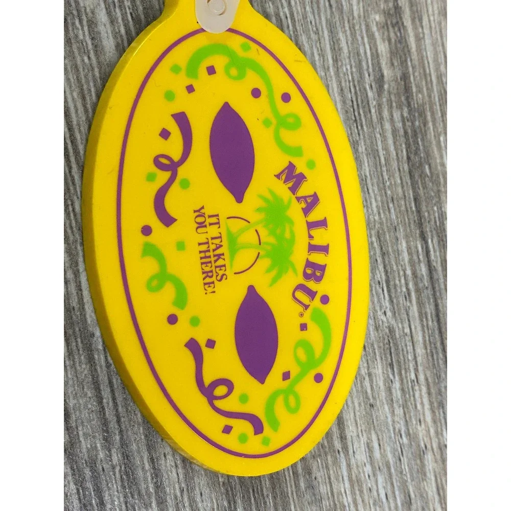 Vintage Malibu Rum‎ Yellow Rubber Keychain Mardi Gras Carnival Logo USA Made